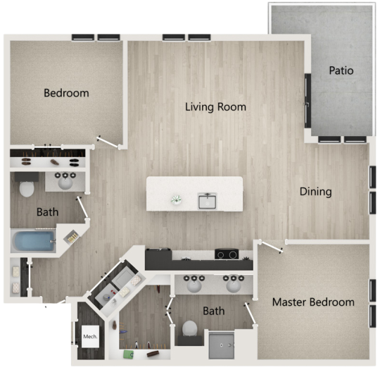 floor plan image of the two bedroom apartment at The  Conley